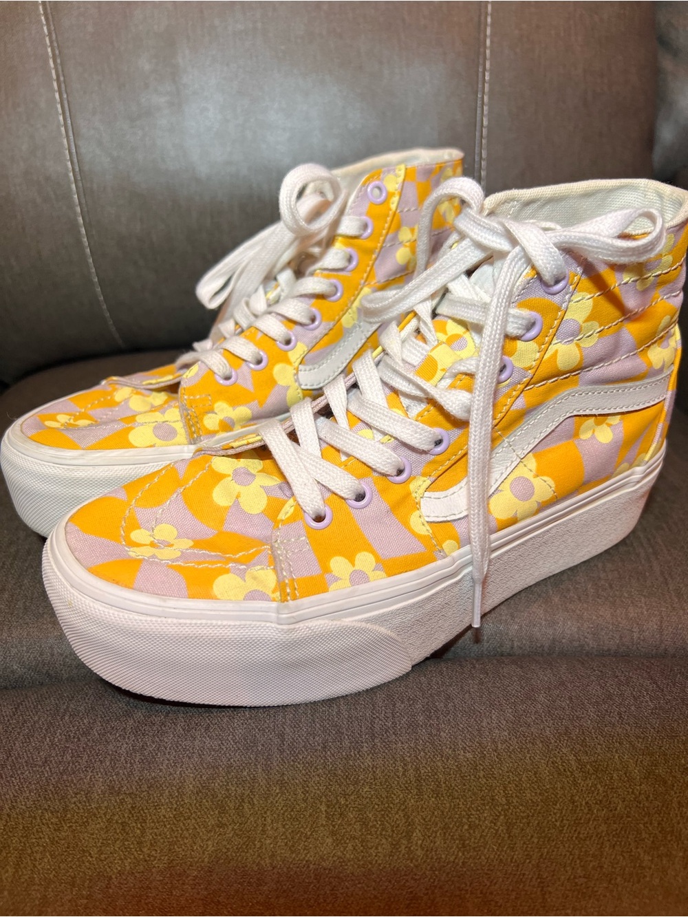 Vans Yellow and Lavender Floral Platform High-Top Sneakers